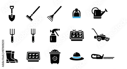 Gardening Tools and Equipment Icons Set.