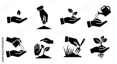 Hand Care Plant Growth Silhouette Icons.