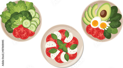 Healthy fresh salad bowl vector set with vegetables, avocado, eggs, mozzarella, and tomatoes in flat modern illustration style