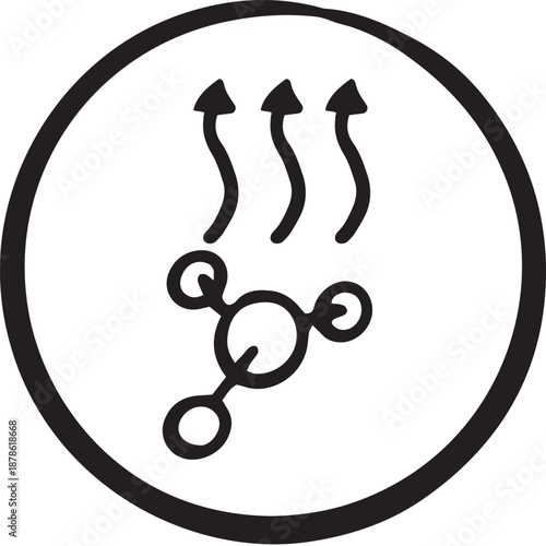 Minimalist outline icon of  molecule releasing vapor with upward arrows, flying organic. line art style for air quality monitors, environmental, safety apps, HVAC controls, laboratory interfaces.