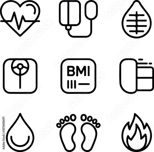 A collection of black line icons related to health, fitness, and wellness on a white background