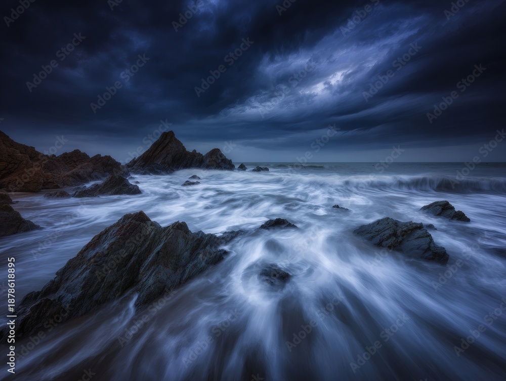 Obraz premium Ocean Waves Crashing Against Immovable Coastal Rock Formation, Long Exposure Water Motion, Sharp Rock Details, Deep Depth of Field, Dramatic Stormy Lighting