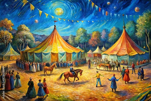 Painting of a carnival with a horse and rider in the center