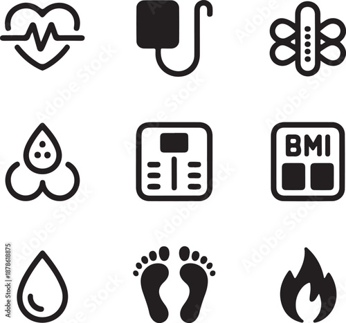 A collection of black and white icons related to health, medicine, and wellness