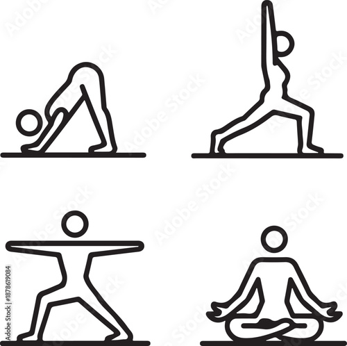 A set of four simple yoga poses illustrated in a line drawing style for practice and meditation