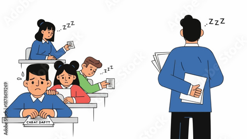 Students sleeping in class while teacher stands unaware.