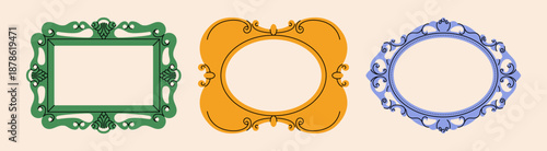 Vintage mirror frames. Antique empty photo frame with ornaments, retro baroque rococo decorative border, modern elegant mirrors rectangle shape flat cartoon style. Vector set