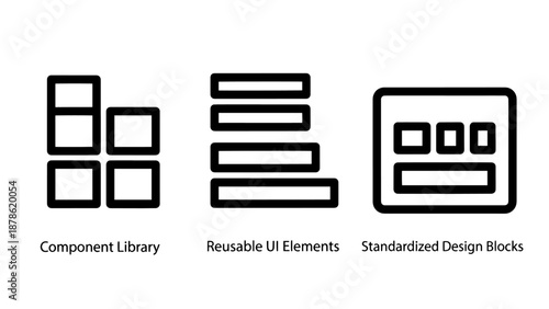 Set of user interface design icons featuring a component library, reusable UI elements, and standardized design blocks for website wireframing and application development projects