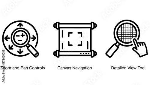 Digital canvas navigation tools for editors featuring zoom and pan controls, canvas navigation scroll, and a detailed view tool for precise graphic design work