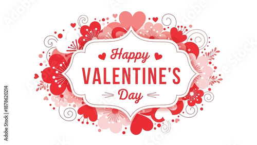 Vibrant Valentine's Day Celebration Graphic with Hearts, Flowers, and Swirls, Perfect for Love and Romantic Greetings