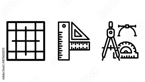 Technical Design and Engineering Measurement Icon Set Featuring Grids Rulers Compasses and Protractors