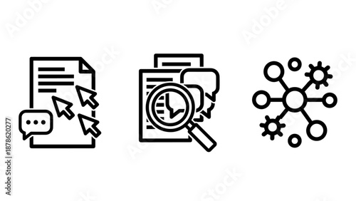 Document Analysis and Networking Concept Icons for Data Research and Information Processing Systems