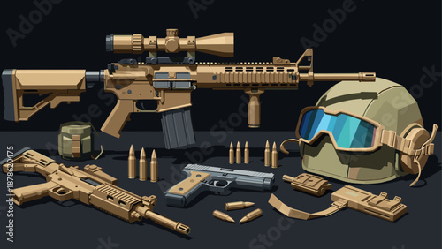 Modern firearms in detailed flat design with tactical gear on dark background