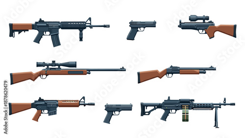 Flat design firearms collection featuring rifles and pistols with wooden accents