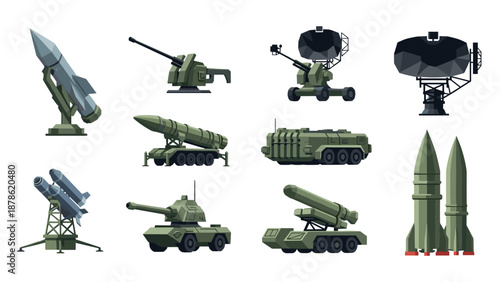 Military weapons set: modern artillery, missiles, and radar icons