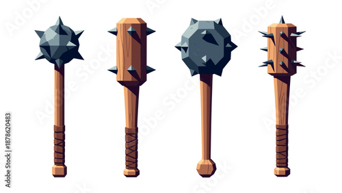 Set of spiked wooden clubs with geometric designs and shadows