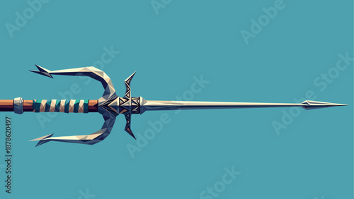 Low poly trident on blue background with geometric design elements
