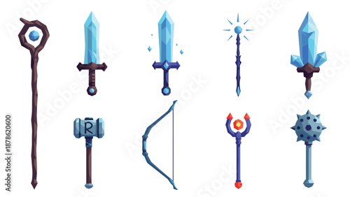 Fantasy weapons collection with swords, staffs, and magical items in low polygon art style