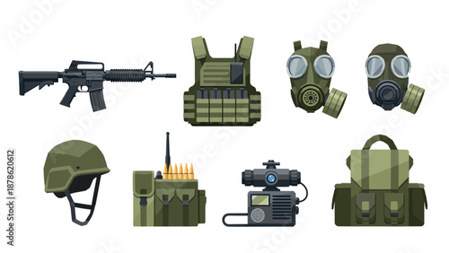 Military equipment set: tactical gear, gas masks, helmets, backpack, radio