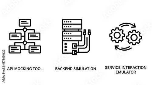 Backend engineering and software simulation icons for API mocking backend simulation and service interaction
