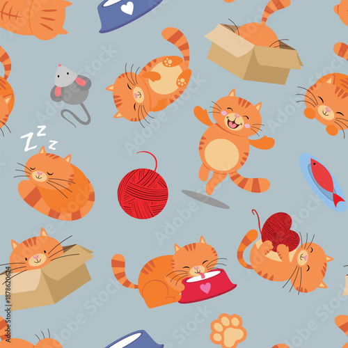 Adorable Seamless Pattern of Playful Ginger Cats and Toys
