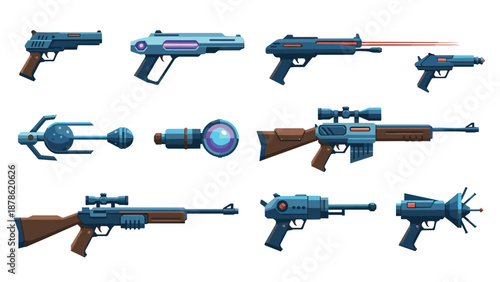 Futuristic weapons collection with laser and sci-fi design elements