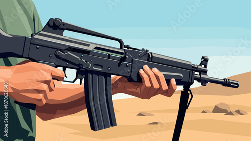 Person holding modern rifle in desert environment with clear sky