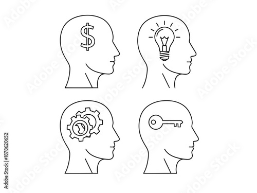 Four heads with symbols representing ideas and innovation