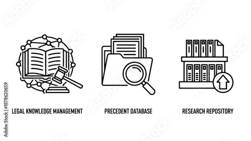 Legal research and knowledge management icons featuring a precedent database research repository and gavel with book