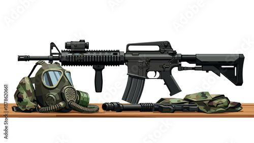 Military gear with rifle, gas mask, tactical outfit in flat design