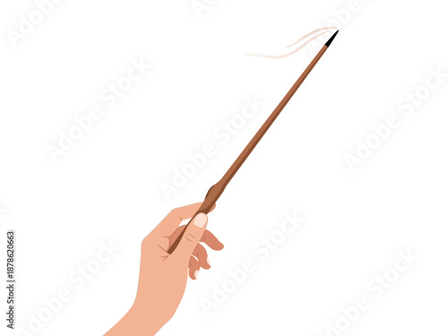 A hand holding a burning incense stick with smoke rising from it in a colorful illustration style