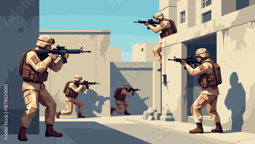 Flat style military team in urban combat scenario with rifles and protective gear