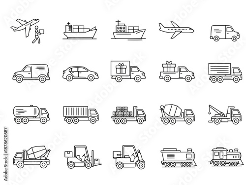 A collection of various vehicles in a simple line drawing style