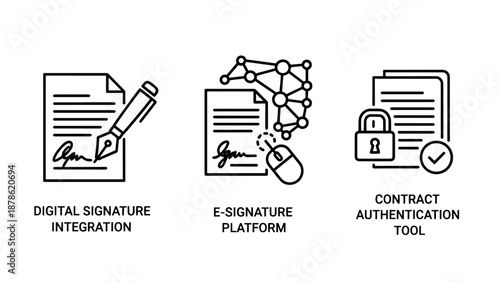 Digital document security and e-signature icons for contract authentication and signature integration platforms