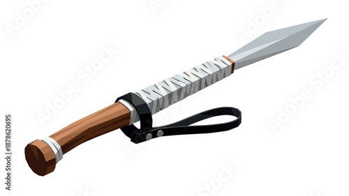 Low poly spearhead with wooden handle and leather strap in 3d style