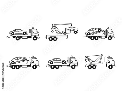 A set of car towing trucks with different vehicles on the back