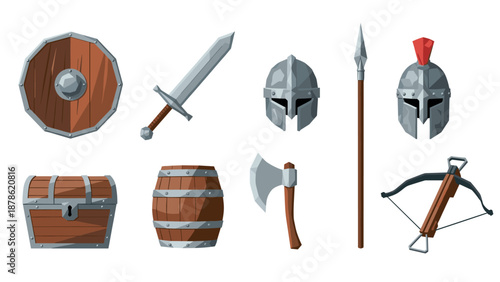Medieval weaponry and armor collection featuring swords, helmets, and shields