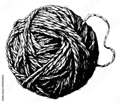 Hand drawn line art illustration of a ball of yarn depicting a textured coil for craft and design