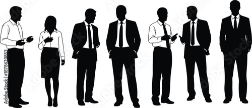 Business people silhouette collection, corporate team discussion poses, professional office workers, black vector illustration set for marketing projects