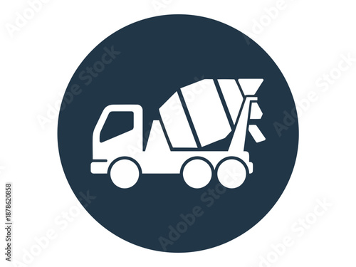 Vector graphic of a cement mixer truck on a dark blue circular background
