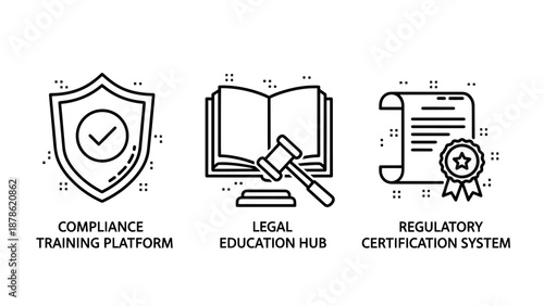 Compliance Training and Legal Education Icons Depicting Regulatory Certification Systems and Law Study Hub Concepts
