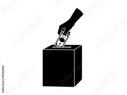 Hand putting a ballot into a black box with a white outline