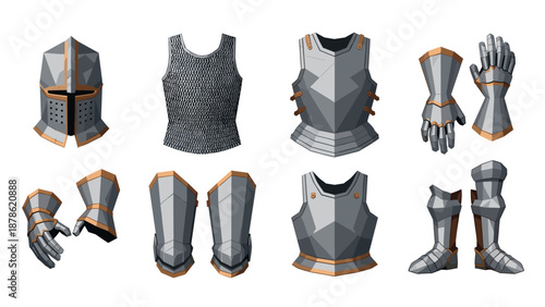 Medieval knight armor set with helmets, breastplates, gauntlets, and greaves in flat style