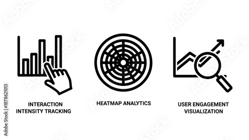 User Engagement Analytics Icons for Interaction Intensity Tracking Heatmap Visualization and Data Monitoring
