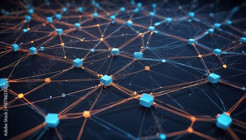 Computer generated image of a network of blue and orange cubes
