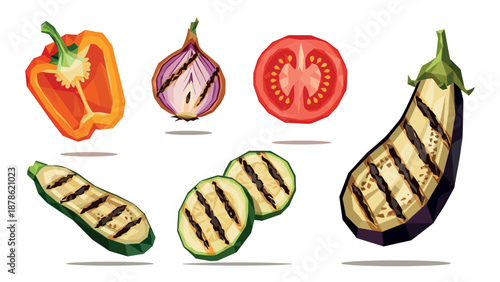 Colorful geometric vegetables: bell pepper, onion, tomato, grilled zucchini, eggplant