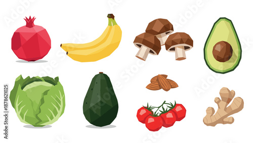 Geometric fruits and vegetables collection featuring low poly style designs