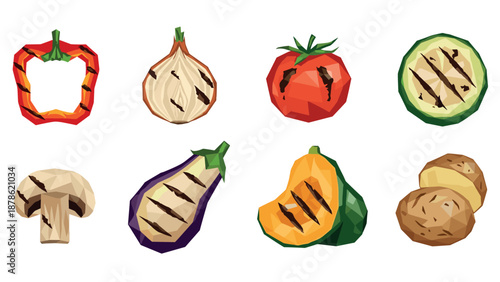 Geometric grilled vegetables collection with low poly art style
