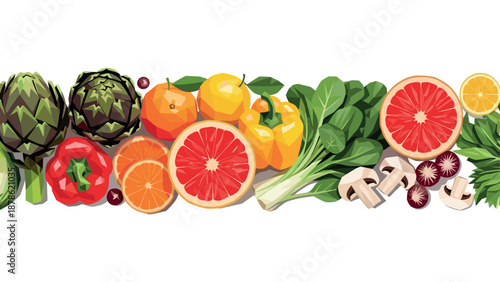 Colorful geometric feast: low poly fruits and vegetables on white background