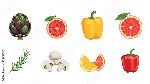 Fresh food set featuring vegetables and fruits in modern flat design